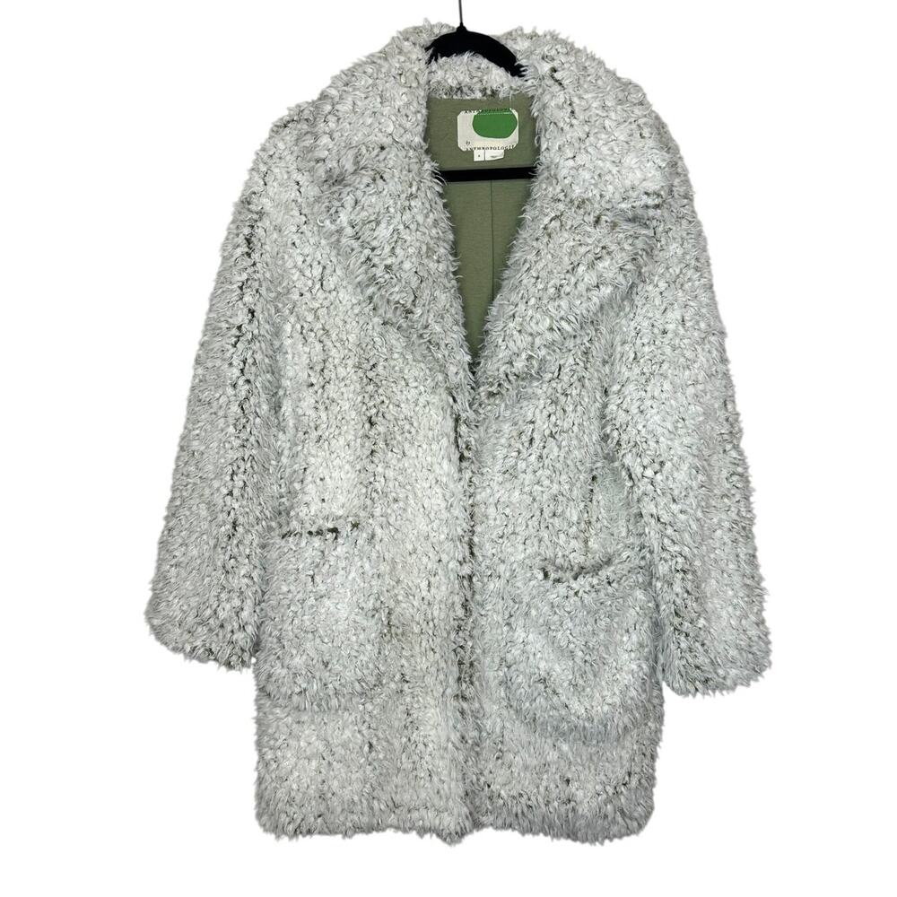 By Anthropologie Long Faux Fur Coat S Green White Abstract Apres Ski Whimsigoth
